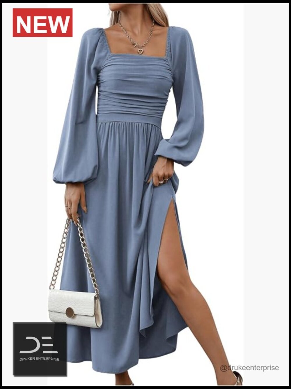 Square Neck Lantern Long Sleeve Midi Dress Ruched Split Bodycon Party